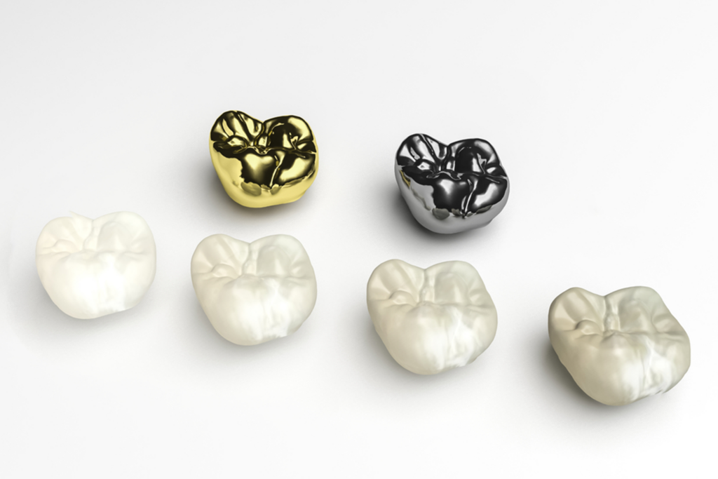 Dental crowns on the table: gold dental crown, metal dental crown