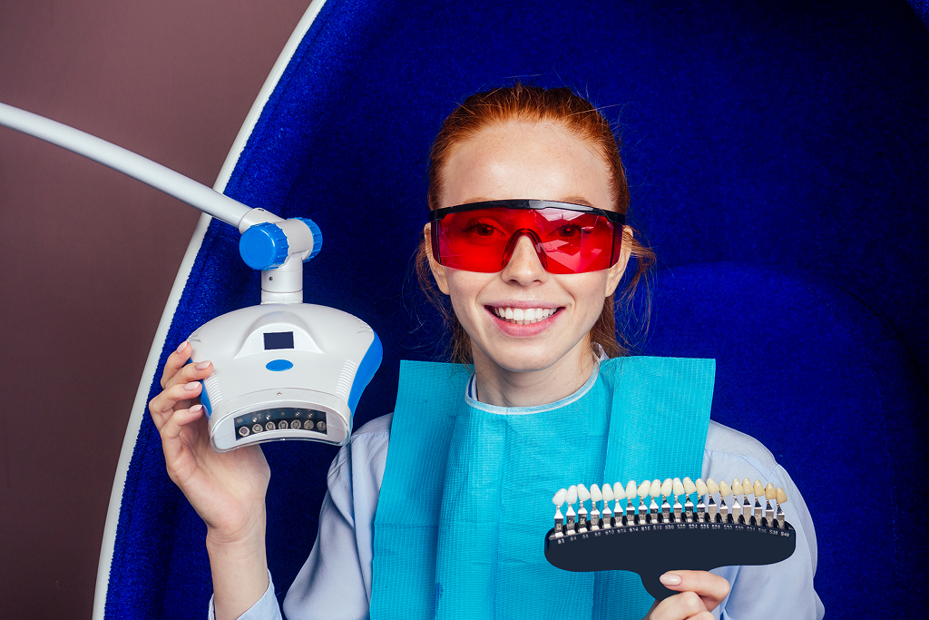 Lady at dental clinic preparing for cosmetic dentistry procedure